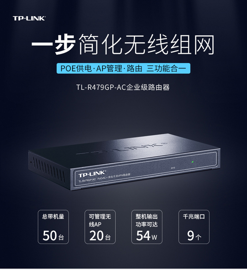 TP-LINK TL-R479GP-AC全千兆有线路由器8口PoE供电AP管理