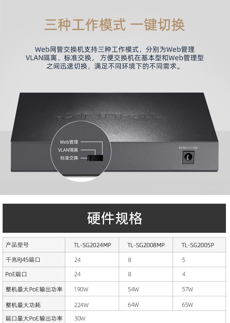 TP-Link全千兆网络交换机TL-SG2008MP云管理企业办公8口P