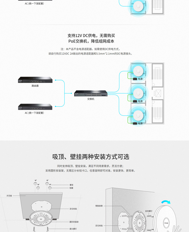 TP-LINK TL-XAP3007GC-PoE/DC 易展版wifi6吸顶AP千兆端