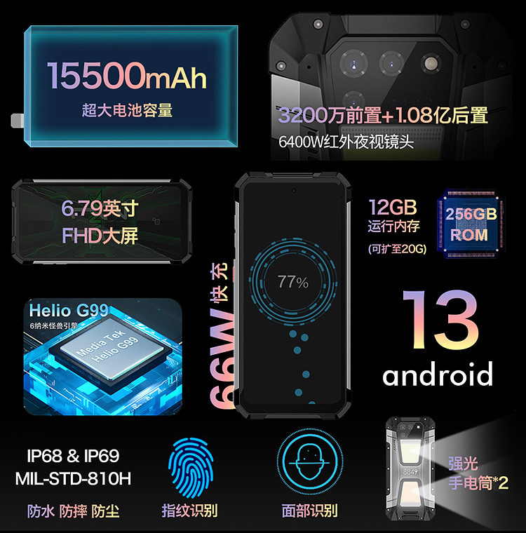Unihertz Tank 2代 8849三防智能手机激光投影全网通防水